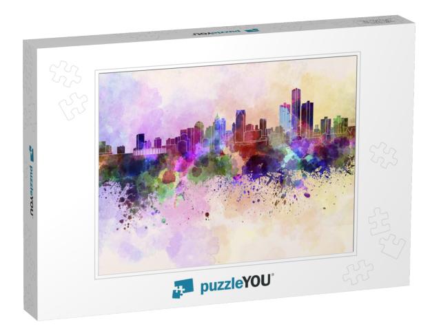 Detroit Skyline in Watercolor Background... Jigsaw Puzzle