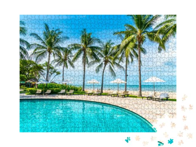 Beautiful Tropical Beach & Sea with Umbrella & Chair Arou... Jigsaw Puzzle with 1000 pieces