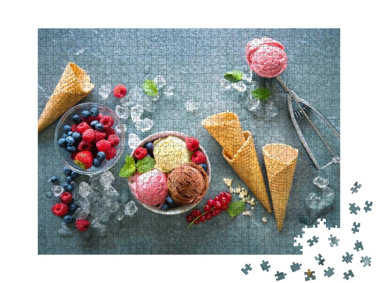Various Varieties of Ice Cream in Bowl with Mint, Berries... Jigsaw Puzzle with 1000 pieces