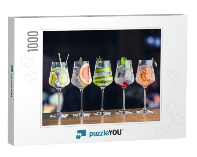 Five Colorful Gin Tonic Cocktails in Wine Glasses on Bar... Jigsaw Puzzle with 1000 pieces