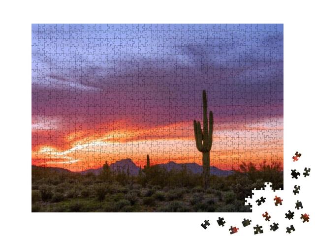 Arizona Desert Landscape with Saguaro Cactus At Sunset... Jigsaw Puzzle with 1000 pieces