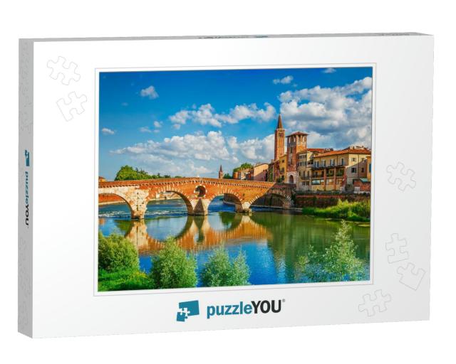 Panoramic View to Bridge Ponte Pietra in Verona on Adige... Jigsaw Puzzle