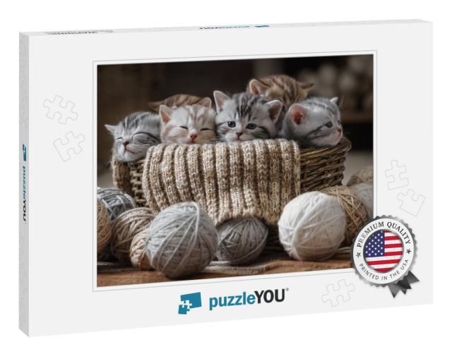 Group of Small Striped Kittens in an Old Basket with Ball... Jigsaw Puzzle