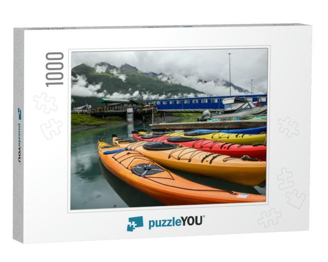Double Kayaks Parked on the Pier on Scenic Mountain Ocean... Jigsaw Puzzle with 1000 pieces
