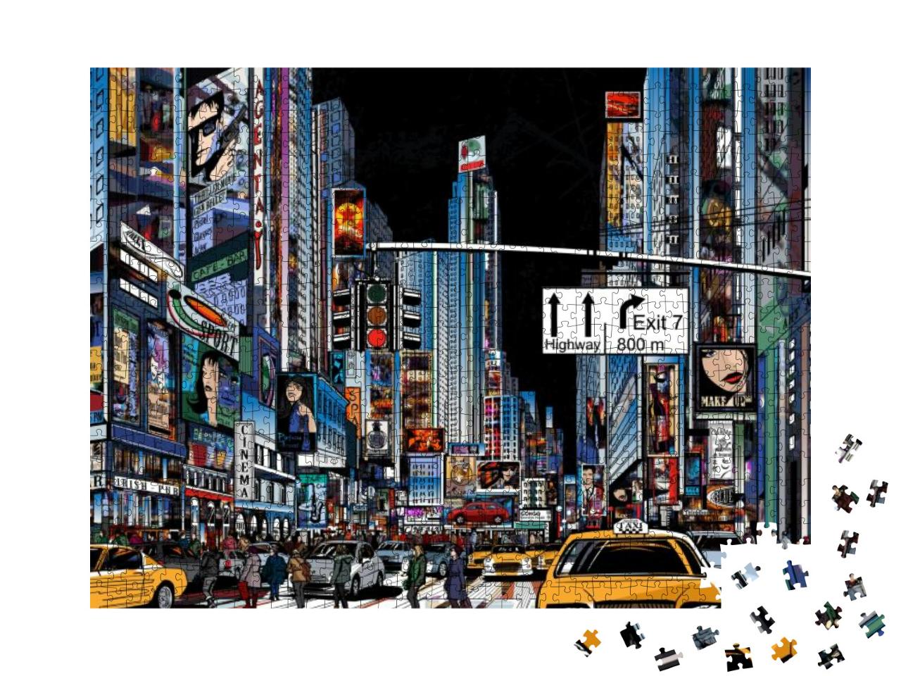 Vector Illustration of a Street in New York City At Night... Jigsaw Puzzle with 1000 pieces