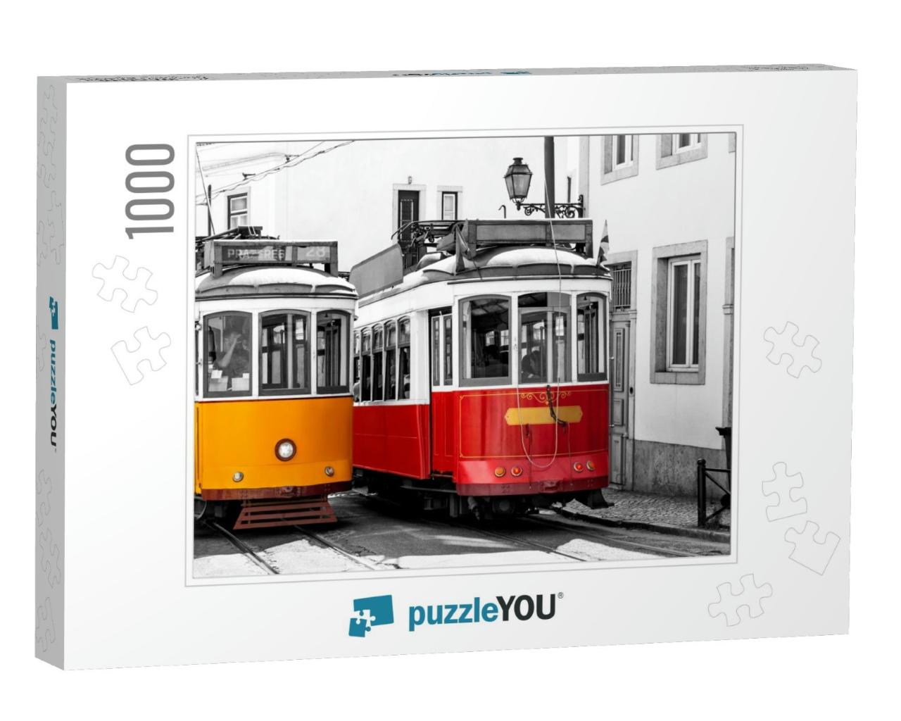 Yellow & Red Vintage Trams on Old Streets of Lisbon, Alfa... Jigsaw Puzzle with 1000 pieces