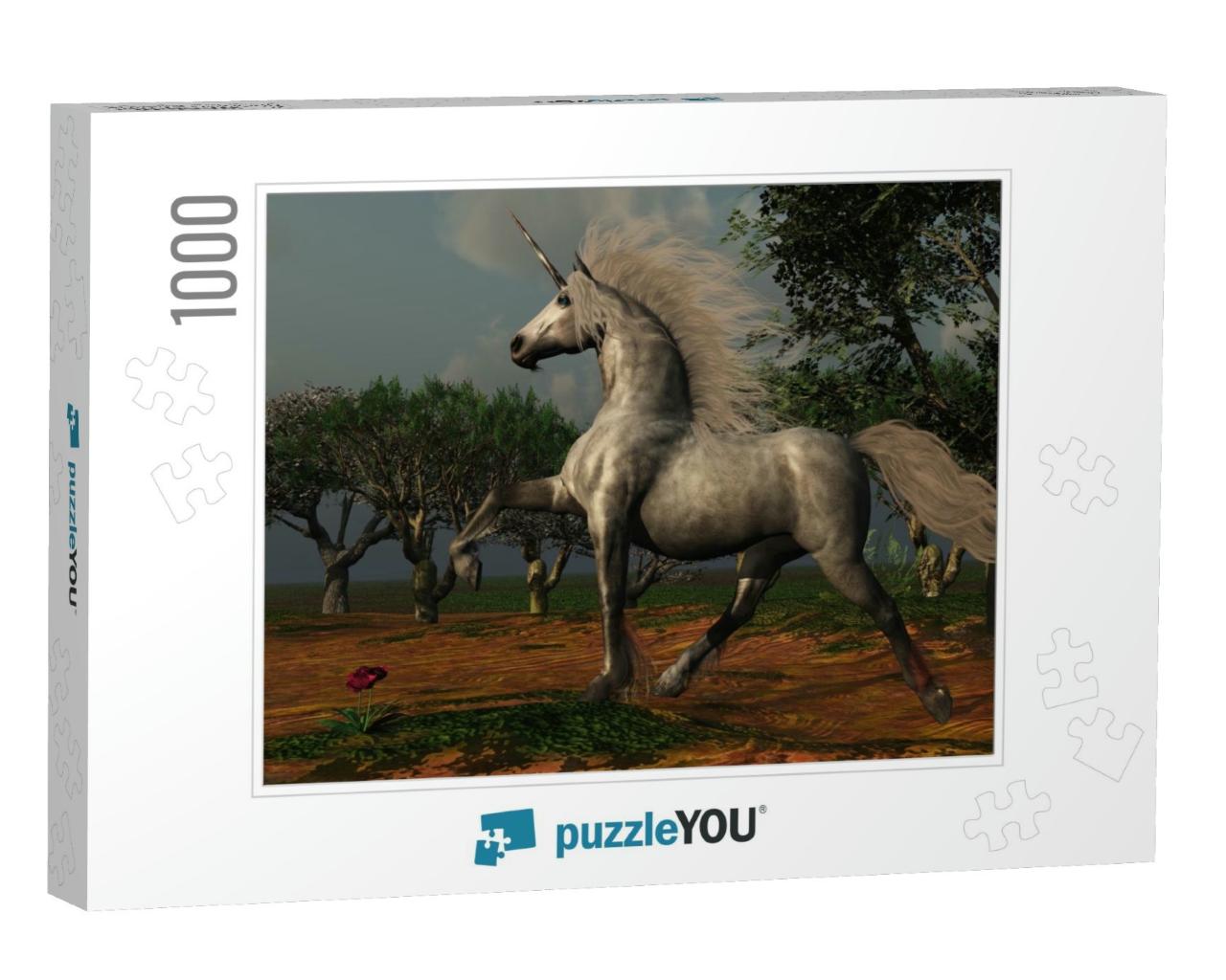 Unicorn Forest - a Beautiful Male Unicorn Prances in a Ma... Jigsaw Puzzle with 1000 pieces