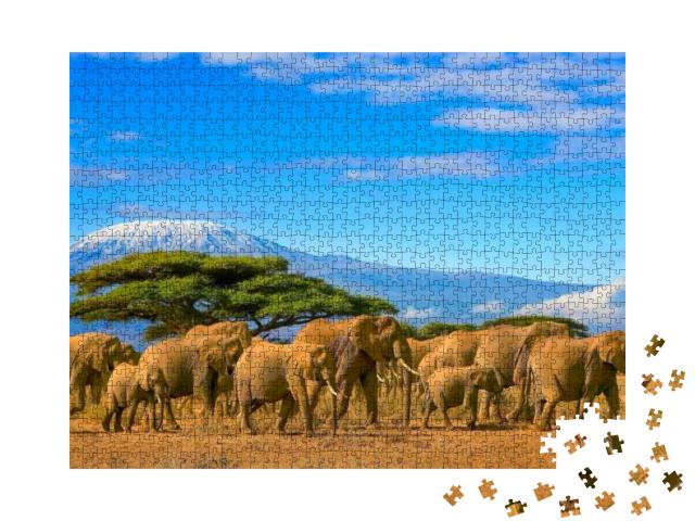 Herd of African Elephants on a Safari Trip to Kenya & a S... Jigsaw Puzzle with 1000 pieces