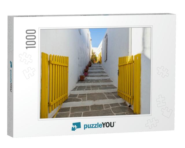 Greece. White House Open Yellow Wood Fence Gate & Traditi... Jigsaw Puzzle with 1000 pieces