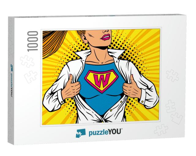 Pop Art Female Superhero. Young Sexy Woman Dressed in Whi... Jigsaw Puzzle with 1000 pieces
