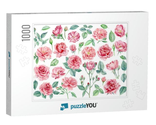 Pink Flowers. Roses, Buds & Leaves on a White Background... Jigsaw Puzzle with 1000 pieces
