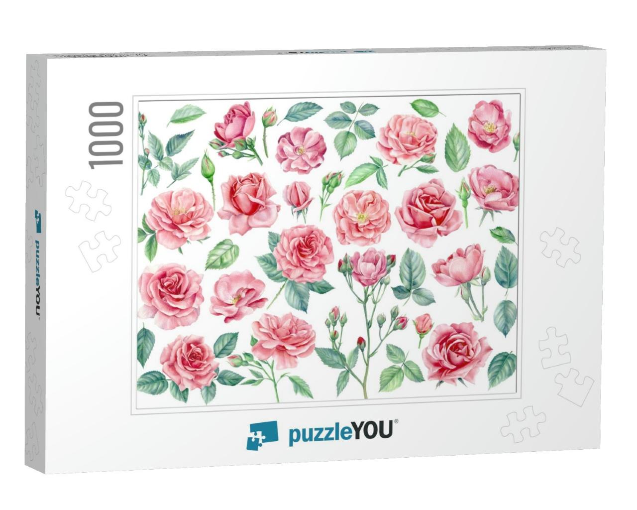 Pink Flowers. Roses, Buds & Leaves on a White Background... Jigsaw Puzzle with 1000 pieces