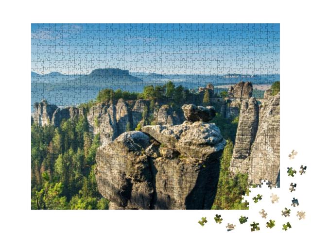 View to the Bastei Bridge & Rock Formations in the Elbe R... Jigsaw Puzzle with 1000 pieces