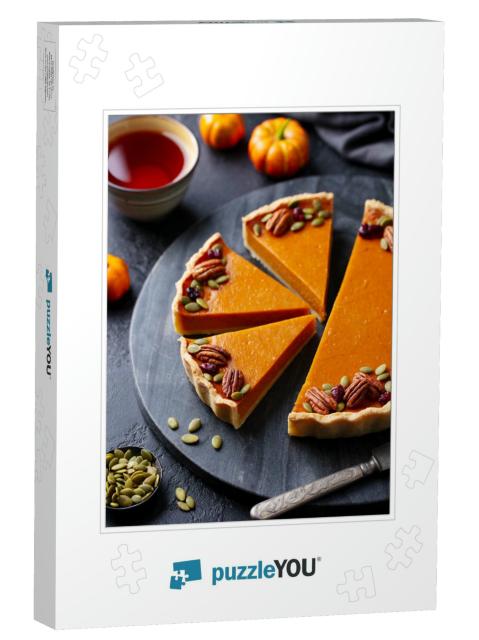 Pumpkin Pie on Marble Board with Cup of Tea. Grey Backgro... Jigsaw Puzzle