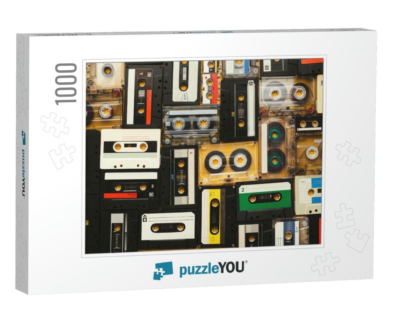 Retro Audio Cassette Tapes on Beige Background. Top View... Jigsaw Puzzle with 1000 pieces
