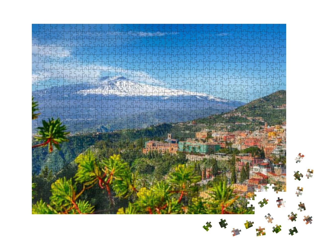 Etna Volcano & Taormina Town Aerial Panoramic View. Roofs... Jigsaw Puzzle with 1000 pieces
