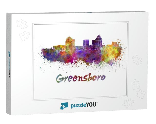 Greensboro Skyline in Watercolor Splatters with Clipping... Jigsaw Puzzle