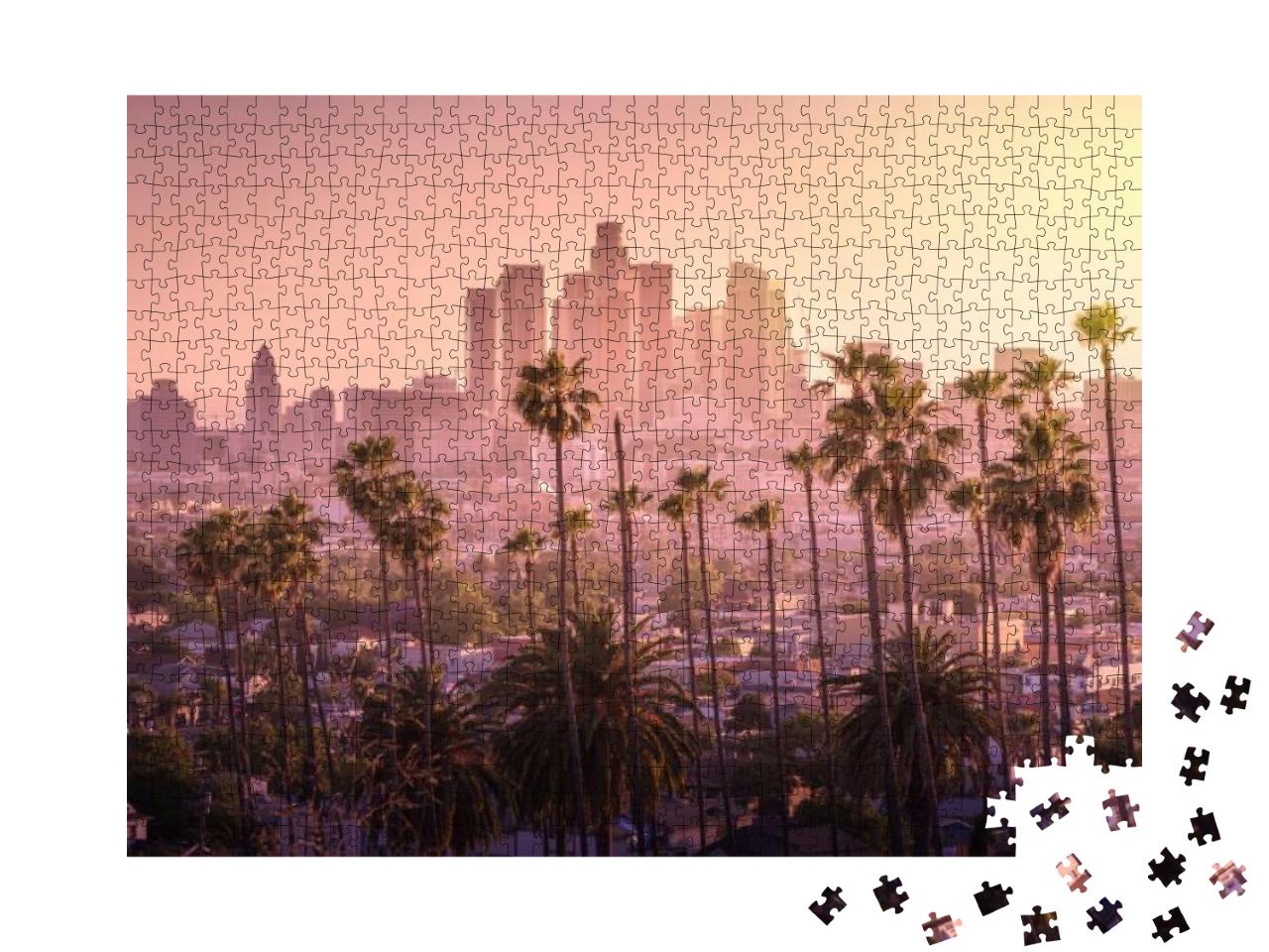 Beautiful Sunset of Los Angeles Downtown Skyline & Palm T... Jigsaw Puzzle with 1000 pieces