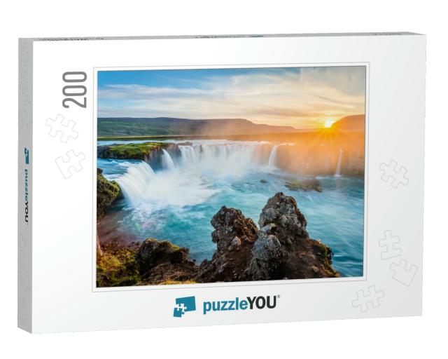 Godafoss Waterfall At Sunset, Iceland, Europe... Jigsaw Puzzle with 200 pieces