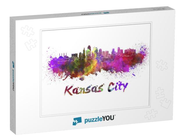 Kansas City Skyline in Watercolor Splatters with Clipping... Jigsaw Puzzle