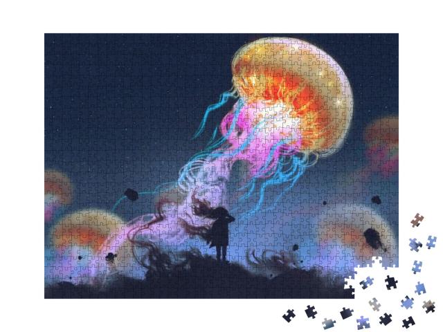 Silhouette Girl Looking At Giant Jellyfish Floating in th... Jigsaw Puzzle with 1000 pieces
