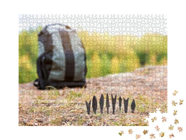 Ancient Arrowheads with Backpack in the Woods. Hunting Ge... Jigsaw Puzzle with 1000 pieces