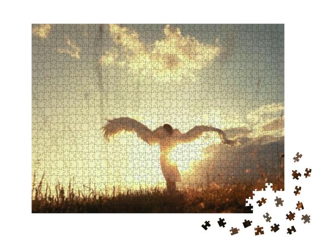 White Angel & Sun. Brunette Girl in a White Dress Raises... Jigsaw Puzzle with 1000 pieces