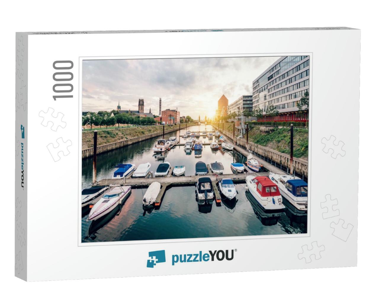 Duisburg Marina with Ships & Modern Buildings... Jigsaw Puzzle with 1000 pieces
