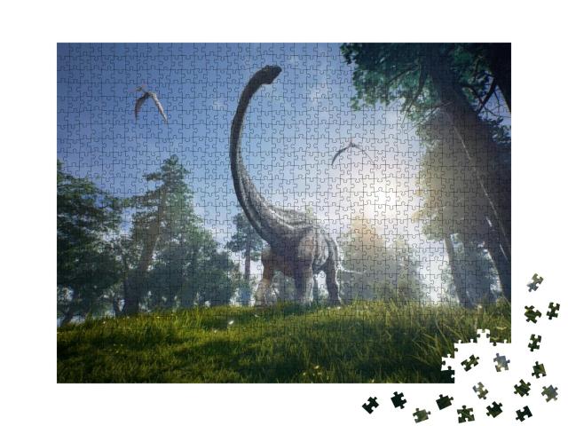 Diplodocus Browsing a Selection of Trees with Two Pterano... Jigsaw Puzzle with 1000 pieces