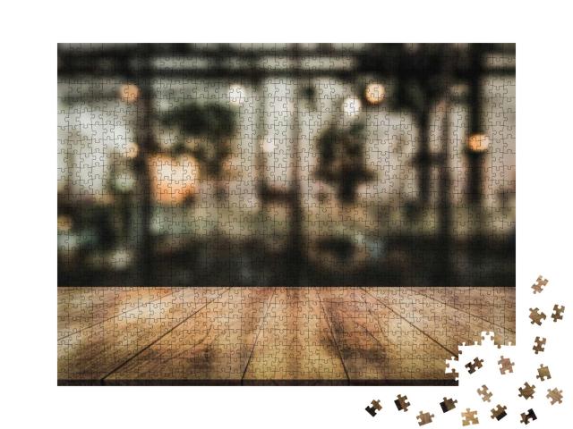 Empty Wooden Table Top with Lights Bokeh on Blur Restaura... Jigsaw Puzzle with 1000 pieces