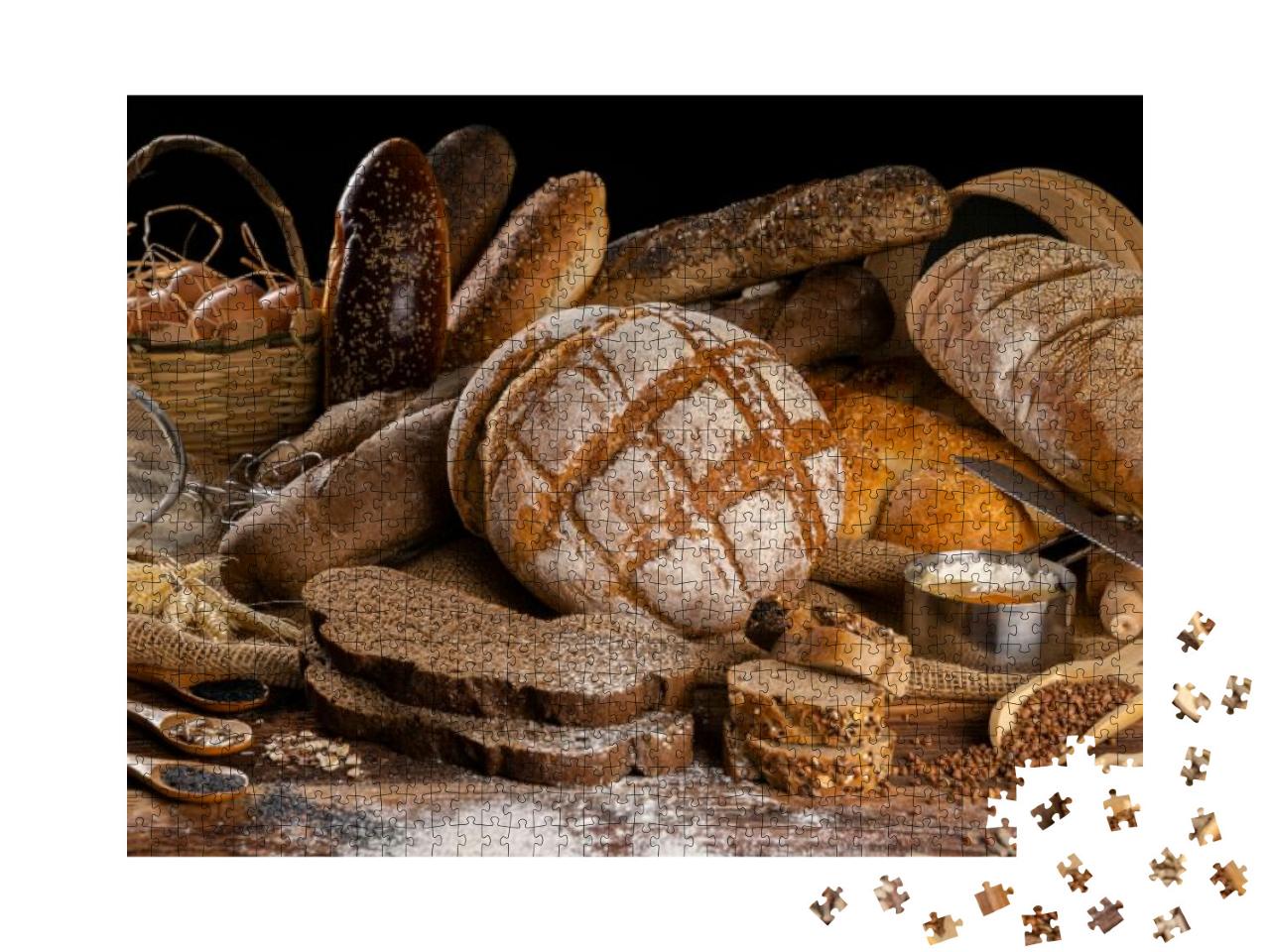 Assortment of Baked Bread on Wooden Table Background... Jigsaw Puzzle with 1000 pieces