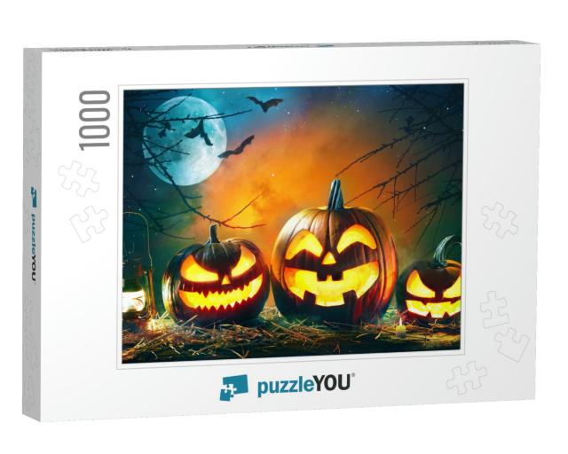 Halloween Pumpkin Head Jack Lantern with Burning Candles... Jigsaw Puzzle with 1000 pieces