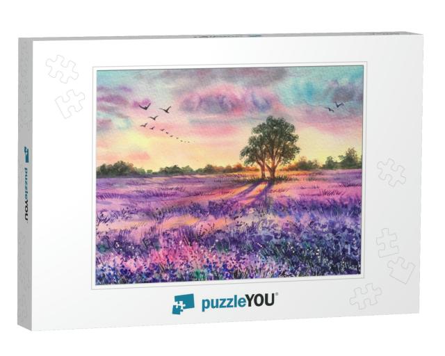 Watercolor Lavender Field. Sunset Lavender Field. Violet... Jigsaw Puzzle