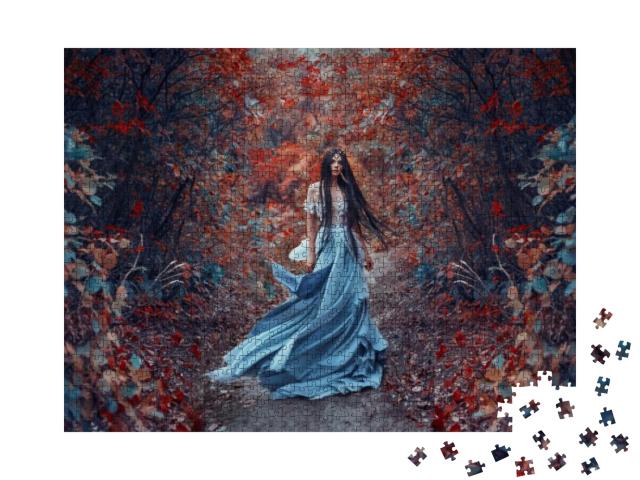Mysterious Sorceress Elf Woman Beautiful Blue Dress. Long... Jigsaw Puzzle with 1000 pieces