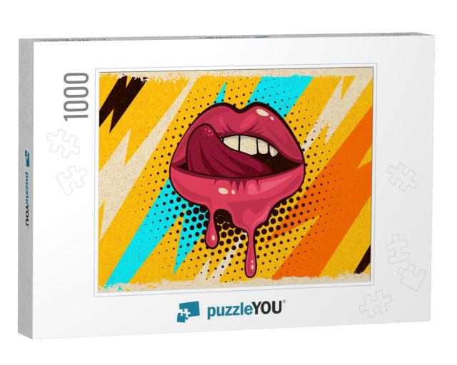 Pink, Red Lips, Mouth & Tongue Icon on Pop Art Retro Vint... Jigsaw Puzzle with 1000 pieces