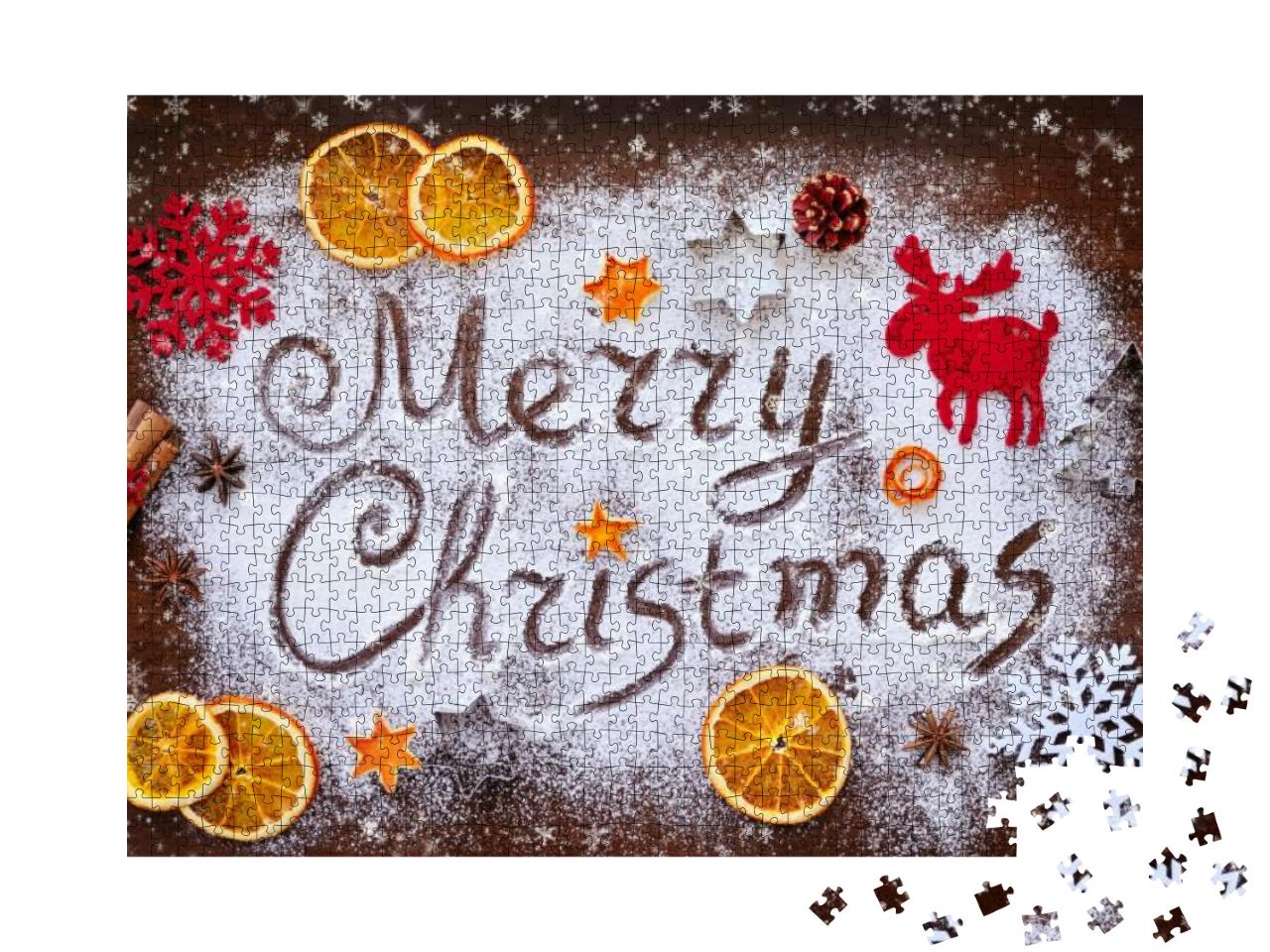 Merry Christmas Text Made with Flour with Decorations on... Jigsaw Puzzle with 1000 pieces