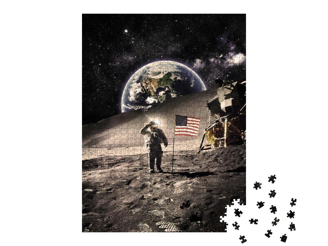 Vintage -Astronaut with Flag on the Moon - Elements of Th... Jigsaw Puzzle with 1000 pieces