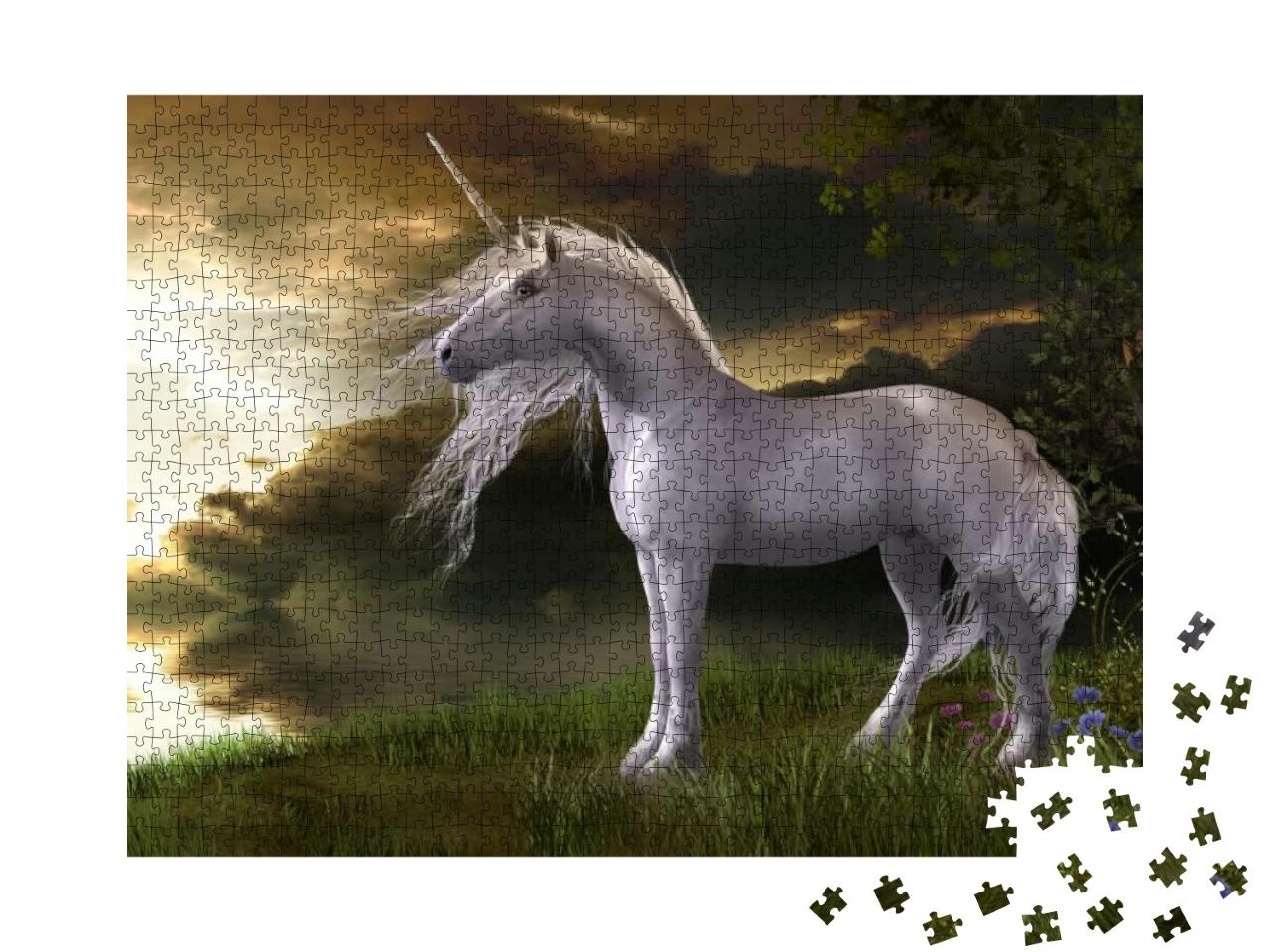3D Illustration of an Enchanting White Unicorn Watching a... Jigsaw Puzzle with 1000 pieces