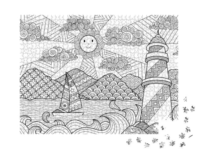 Seascape Line Art Design for Coloring Book for Adult, Ant... Jigsaw Puzzle with 1000 pieces