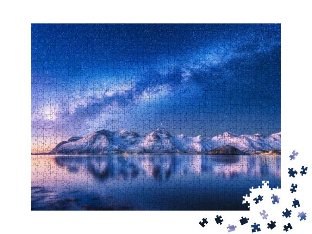 Bright Milky Way Over Snow Covered Mountains & Sea At Nig... Jigsaw Puzzle with 1000 pieces