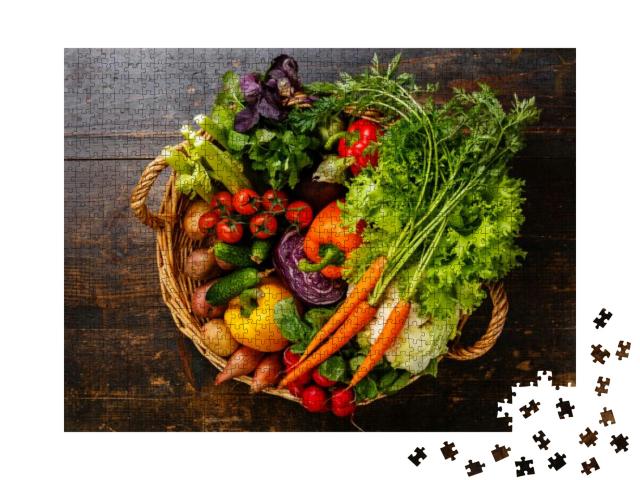 Fresh Vegetables in Basket on Wooden Background... Jigsaw Puzzle with 1000 pieces
