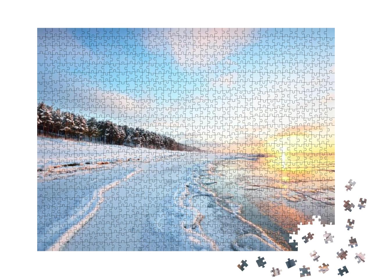 Panoramic View of the Frozen Baltic Sea Shore At Sunset... Jigsaw Puzzle with 1000 pieces