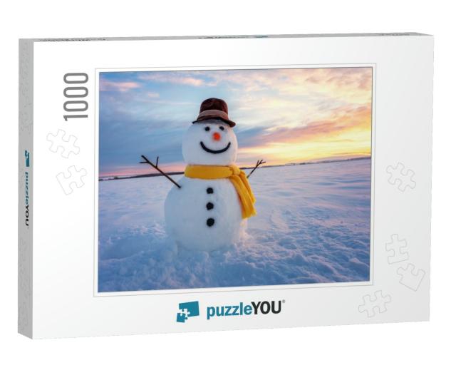 Snowman on Orange Sunset Background... Jigsaw Puzzle with 1000 pieces