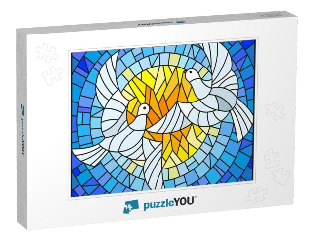 Illustration in Stained Glass Style with a Pair of White... Jigsaw Puzzle