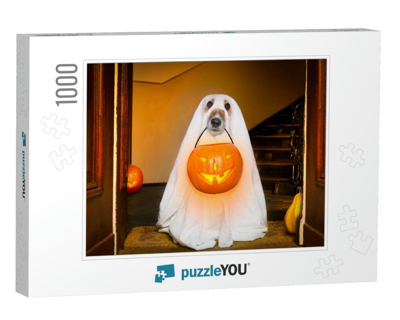 Dog Sit as a Ghost for Halloween in Front of the Door At... Jigsaw Puzzle with 1000 pieces