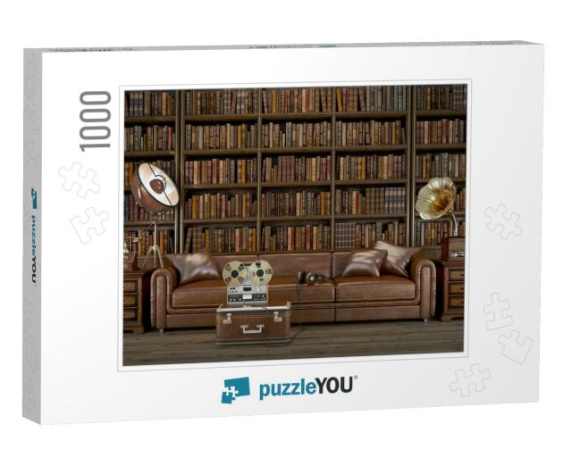 Vintage Living Room. Leather Sofa & Library with Old Phon... Jigsaw Puzzle with 1000 pieces