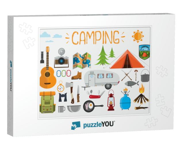 Camping Elements. Set of Camping Objects, Tent, Trailer... Jigsaw Puzzle