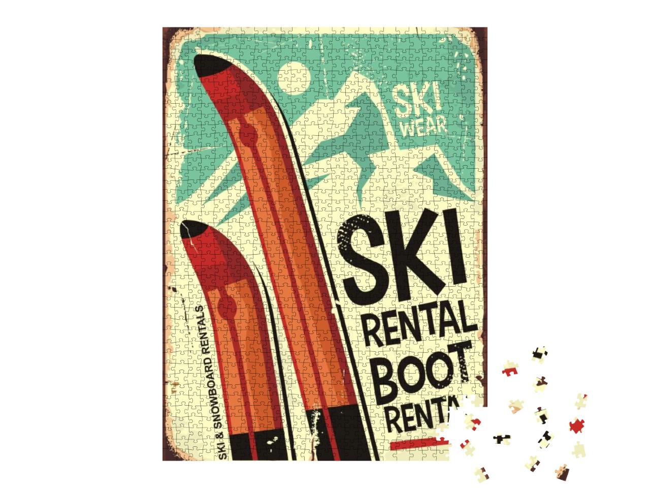 Ski Rental Retro Sign Design with Pair of Skis & Winter M... Jigsaw Puzzle with 1000 pieces