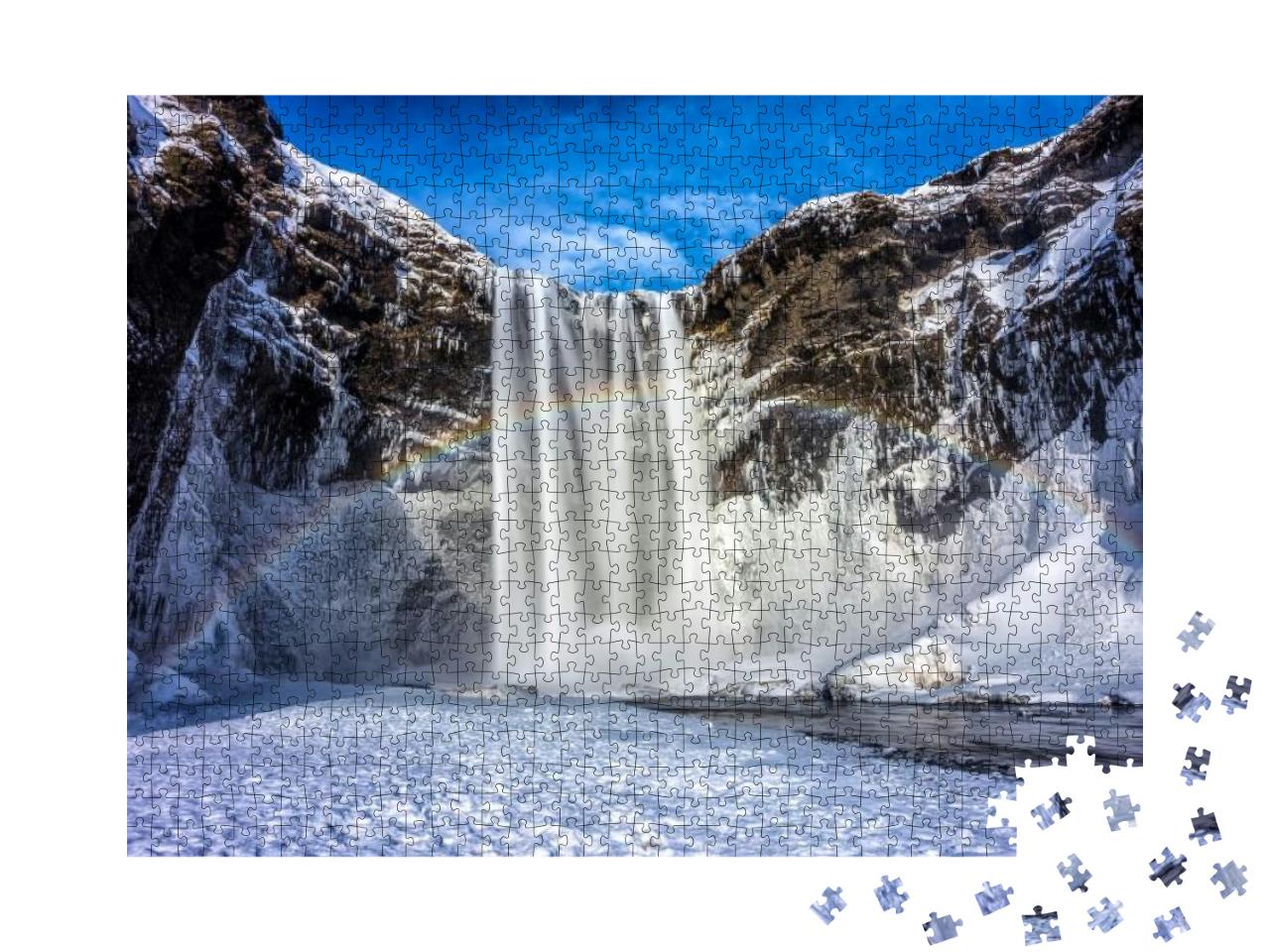 Mountain Seljalandsfoss Waterfall in Winter Snow... Jigsaw Puzzle with 1000 pieces
