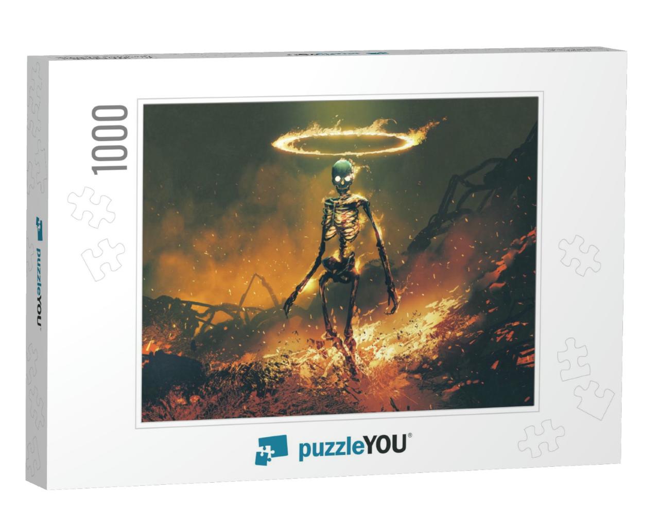 Horror Character of Demon Skeleton with Fire Flames in He... Jigsaw Puzzle with 1000 pieces